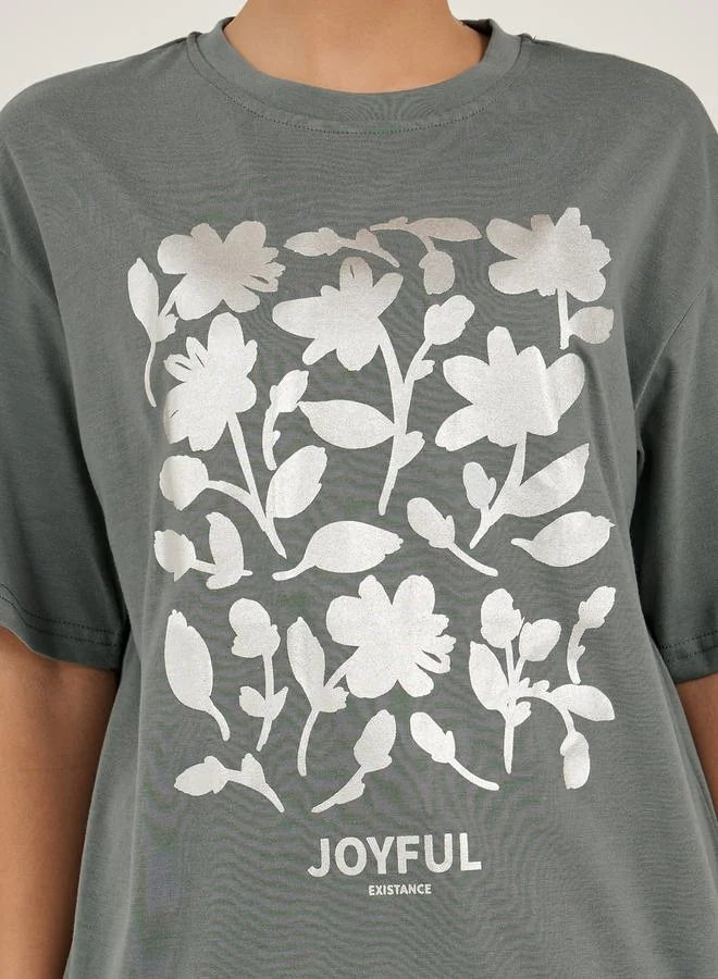 Styli Floral Foil Graphic Oversized Round Neck T-Shirt