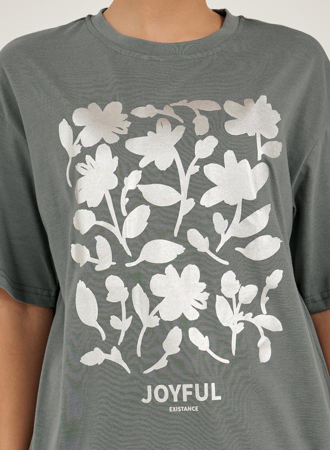 Styli Floral Foil Graphic Oversized Round Neck T-Shirt  - Image 3