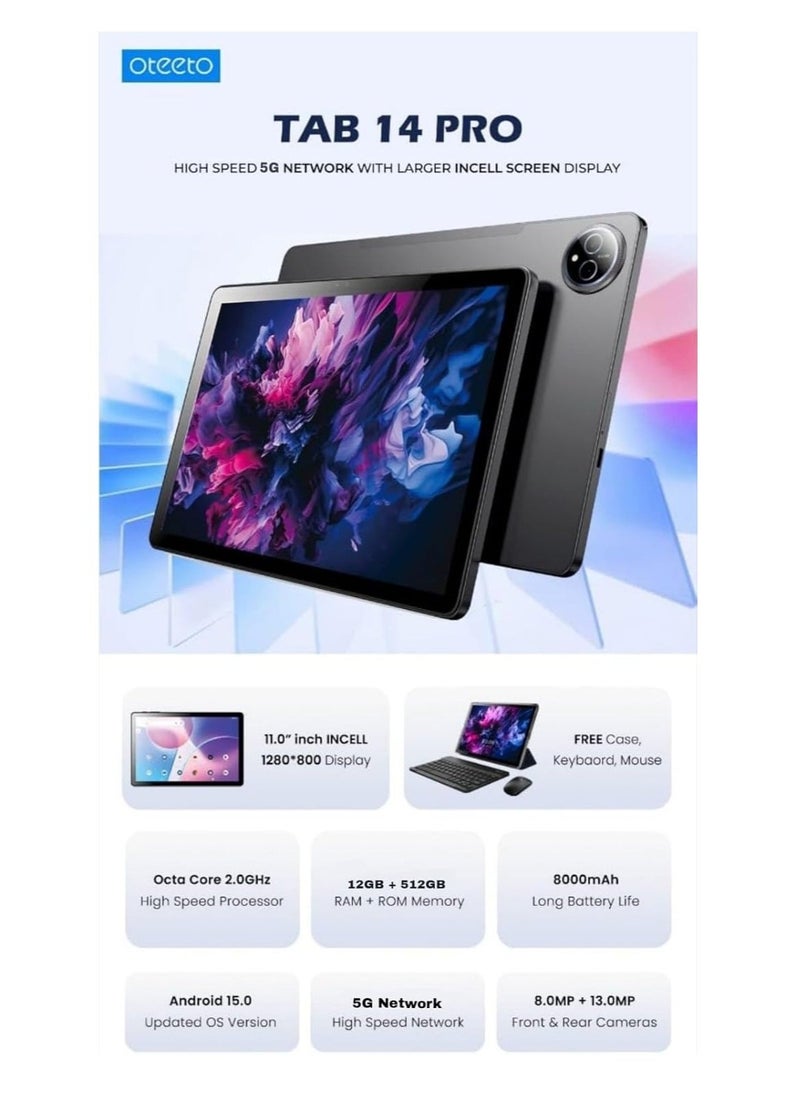 TAB14 Pro Android 15 Tablet with 11.0-Inch INCELL 1280x800 Display – 12GB RAM, 512GB ROM, Octa-Core 2.0GHz Processor – Dual Camera (13MP Rear + 8MP Front), 8000mAh Battery, 5G Wi-Fi – Includes Keyboard & Mouse – Powerful Blue Tablet for Work, Study & Entertainment