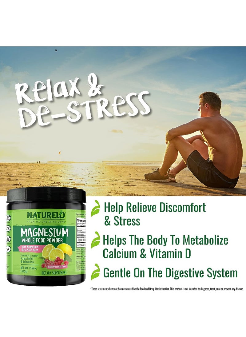 NATURELO - Magnesium Whole Food Powder with Magnesium rich plant blend formulated to support Stress Relief & Relaxation Dietary Supplement 442g 15.59oz- Raspberry Lemon Flavor - Image 1