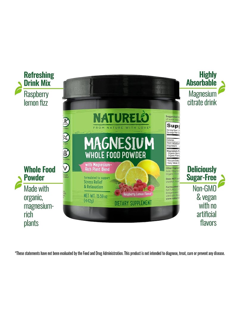NATURELO - Magnesium Whole Food Powder with Magnesium rich plant blend formulated to support Stress Relief & Relaxation Dietary Supplement 442g 15.59oz- Raspberry Lemon Flavor - Image 1