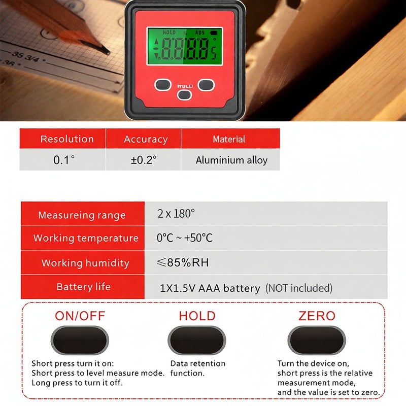 GemRed Level Box Angle Gauge Digital Angle Finder Inclinometer Level Gauge Magnetic Base - Image 4