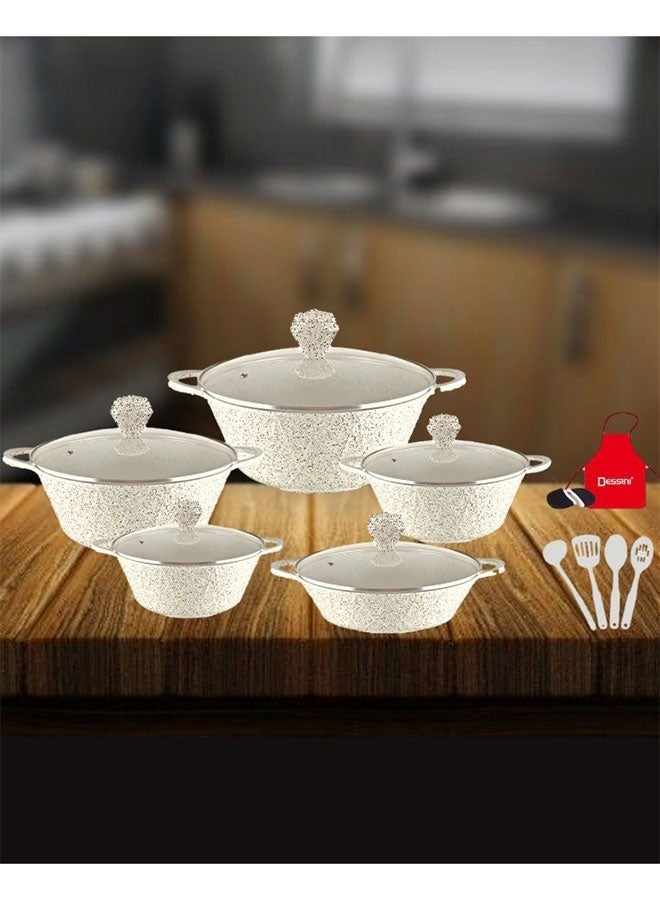 DESSINI 17-Piece Granite Saving Energy Aluminum Cookware Set Includes 1xCasserole With Lid 20cm, 1xCasserole With Lid 24cm, 1xcCasserole With Lid 28cm, 1xCasserole With Lid 32cm, 1xShallow Casserole With Lid 28cm, 7xCooking Tools White - Image 2