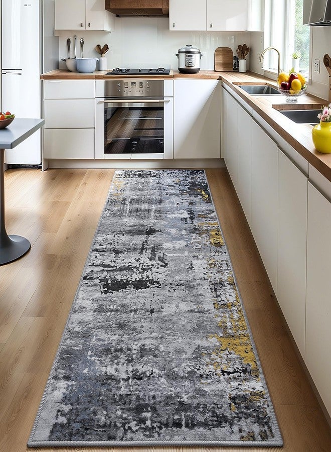 AROGAN سجادة ممر قابلة للغسل من أروغان، مقاس 2×6، للممرات، سجاد ممر طويل بتصميم تجريدي عصري لغرفة النوم، سجاد ممر مانع للانزلاق للممرات والمطابخ والحمامات ومداخل المنازل، أزرق/رمادي - Image 2