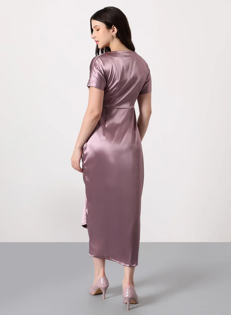 PINACOLADA Women's Draped Midi Dress | Broad-Round Neck , Short Relaxed Sleeves, Zipper Closure | Solid Satin | Woven Dress For Evening & Party Wear | Nude Pink