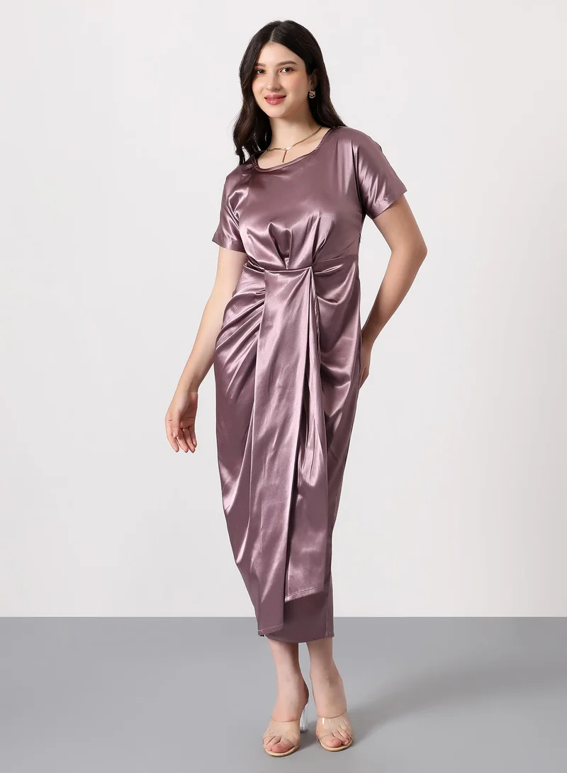 بينيا كولادا Women's Draped Midi Dress | Broad-Round Neck , Short Relaxed Sleeves, Zipper Closure | Solid Satin | Woven Dress For Evening & Party Wear | Nude Pink