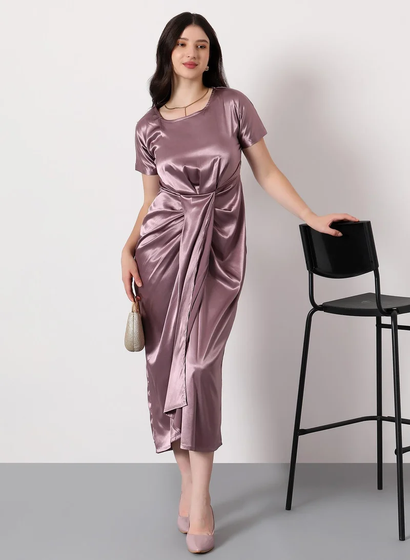 PINACOLADA Women's Draped Midi Dress | Broad-Round Neck , Short Relaxed Sleeves, Zipper Closure | Solid Satin | Woven Dress For Evening & Party Wear | Nude Pink