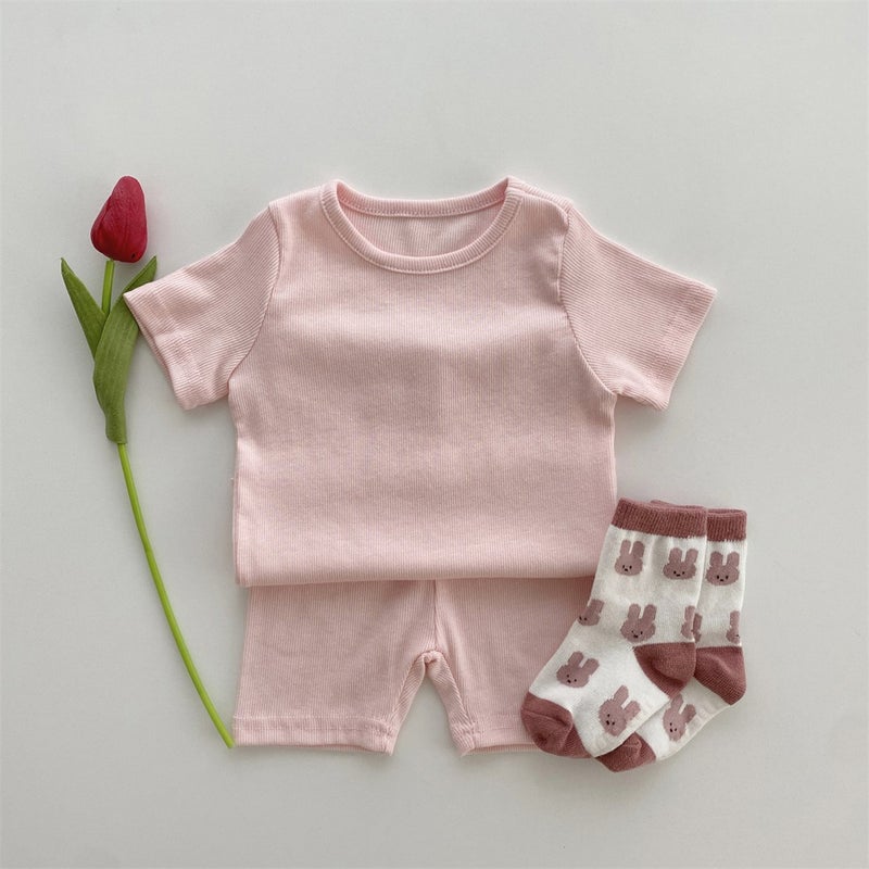 Korean Childrens Clothing Baby Home Pure Cotton Set Babys Pure Color Pit Strip Home Two-Piece Set Summer Home Clothing Set Pink.