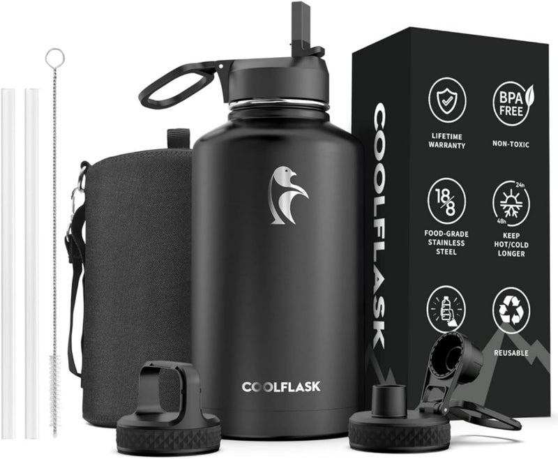 Coolflask 2 Liters 1900ml Water Bottle Insulated with Straw & 3 Lids, Large Metal Stainless Steel Water Jug Big Half Gallon Wide Mouth, BPA-Free Keep Cold 48H Hot 24H, Magic Black - Image 1