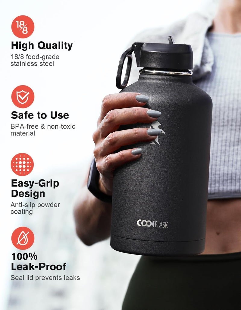 Coolflask 2 Liters 1900ml Water Bottle Insulated with Straw & 3 Lids, Large Metal Stainless Steel Water Jug Big Half Gallon Wide Mouth, BPA-Free Keep Cold 48H Hot 24H, Magic Black - Image 3