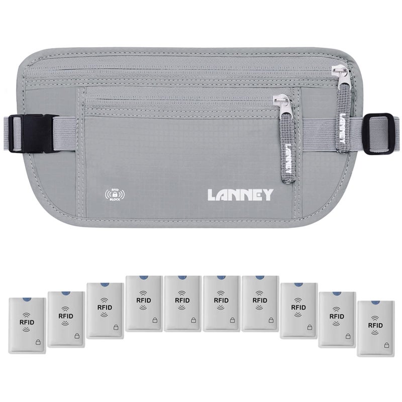 LANNEY Travel Money Belt for Men Women, RFID Blocking Concealed Waist Wallet Pouch Under Clothes Passport Holder Antitheft Waist Stash Bag for Travelling, Bonus 10 RFID Credit Card Sleeves, Silver Gray - Image 1