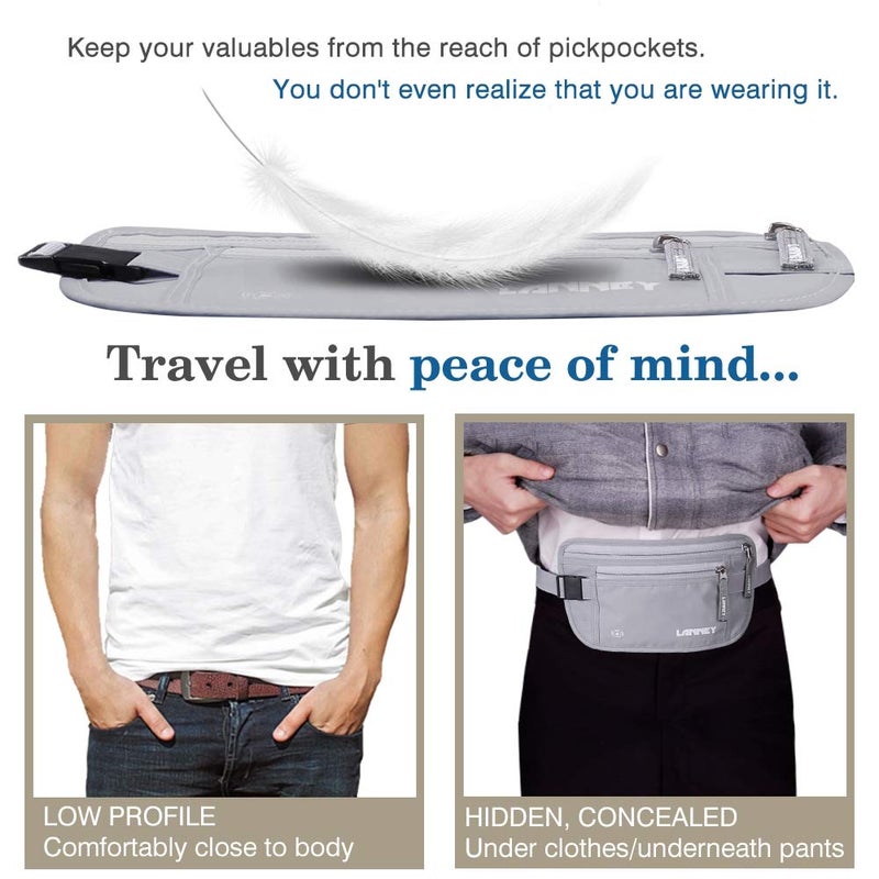 LANNEY Travel Money Belt for Men Women, RFID Blocking Concealed Waist Wallet Pouch Under Clothes Passport Holder Antitheft Waist Stash Bag for Travelling, Bonus 10 RFID Credit Card Sleeves, Silver Gray - Image 3