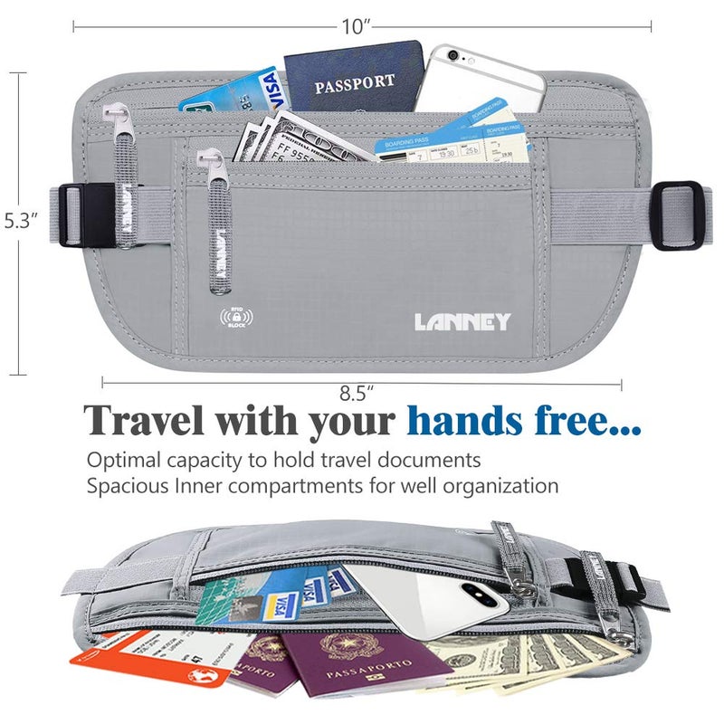 LANNEY Travel Money Belt for Men Women, RFID Blocking Concealed Waist Wallet Pouch Under Clothes Passport Holder Antitheft Waist Stash Bag for Travelling, Bonus 10 RFID Credit Card Sleeves, Silver Gray - Image 4