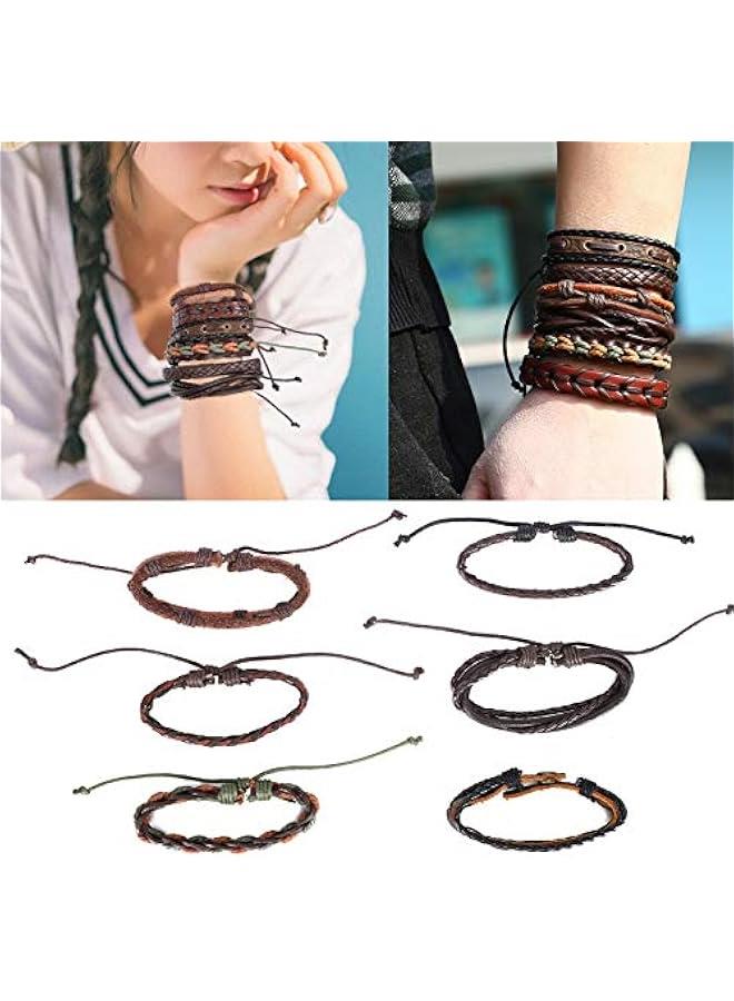 Arabest Retro Multilayer Woven Leather Bracelet Set, 6-Pack Unisex Fashion Accessory Couple Wristbands for Men Women - Image 3