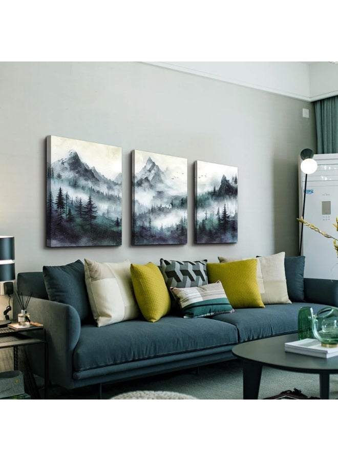 TTHYUEWS Canvas Wall Decor For Bedroom Wall Art For Living Room Modern Office Decoration Misty and Fog Mountain Forest Wall Painting Landscape Wall Pictures Artworks Room Home Decor 3 Piece 16"X24" - Image 2