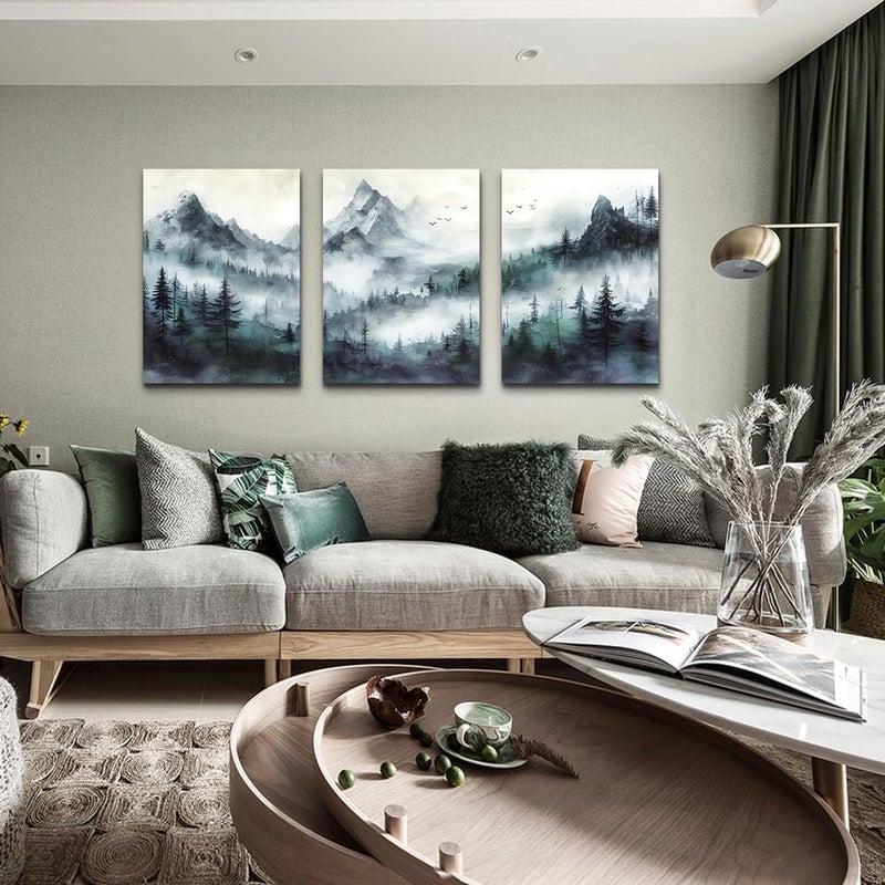 TTHYUEWS Canvas Wall Decor For Bedroom Wall Art For Living Room Modern Office Decoration Misty and Fog Mountain Forest Wall Painting Landscape Wall Pictures Artworks Room Home Decor 3 Piece 16"X24" - Image 3