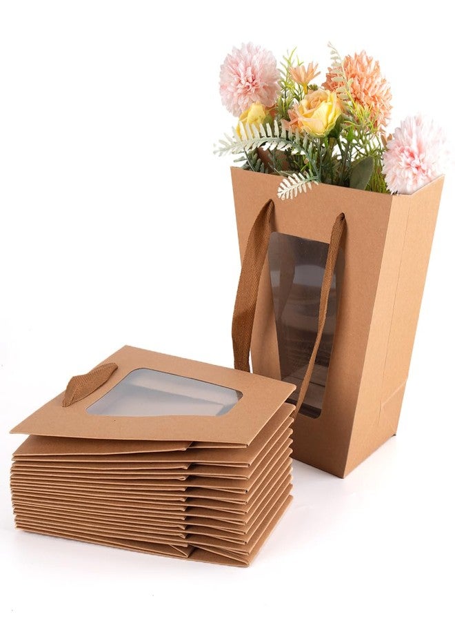 WWT 20Packs Brown Flower Gift Bag with Clear Window, Bouquet Bags with Handle, Party Favor Bags for Mother's Day Wedding Party Birthday - Image 1
