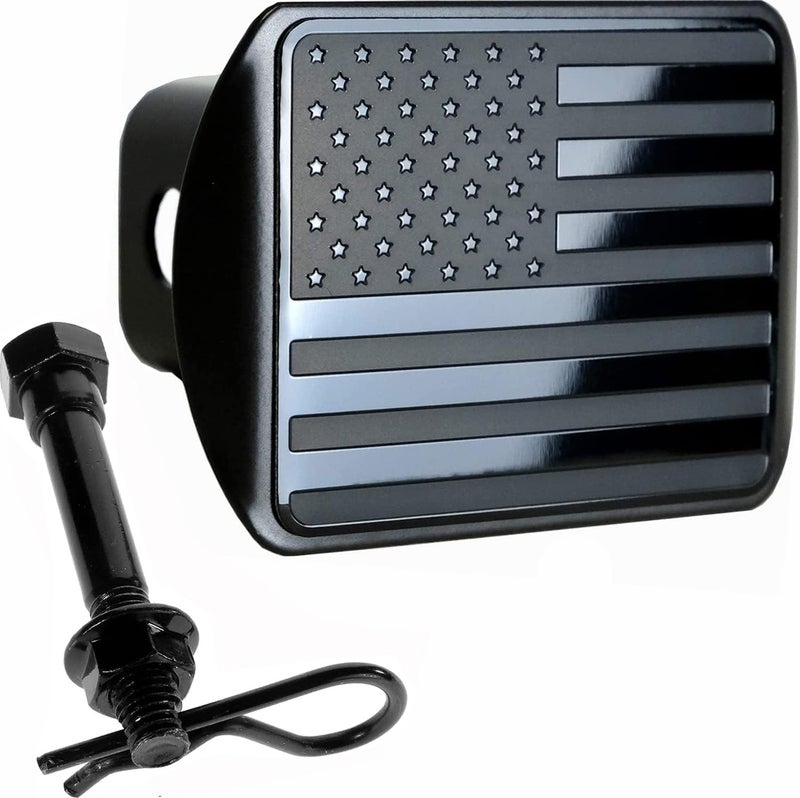 eVerHITCH USA Stainless Steel Flag Emblem Metal Hitch Cover with Pin Bolt (Fits 2" Receivers, Black) - Image 1