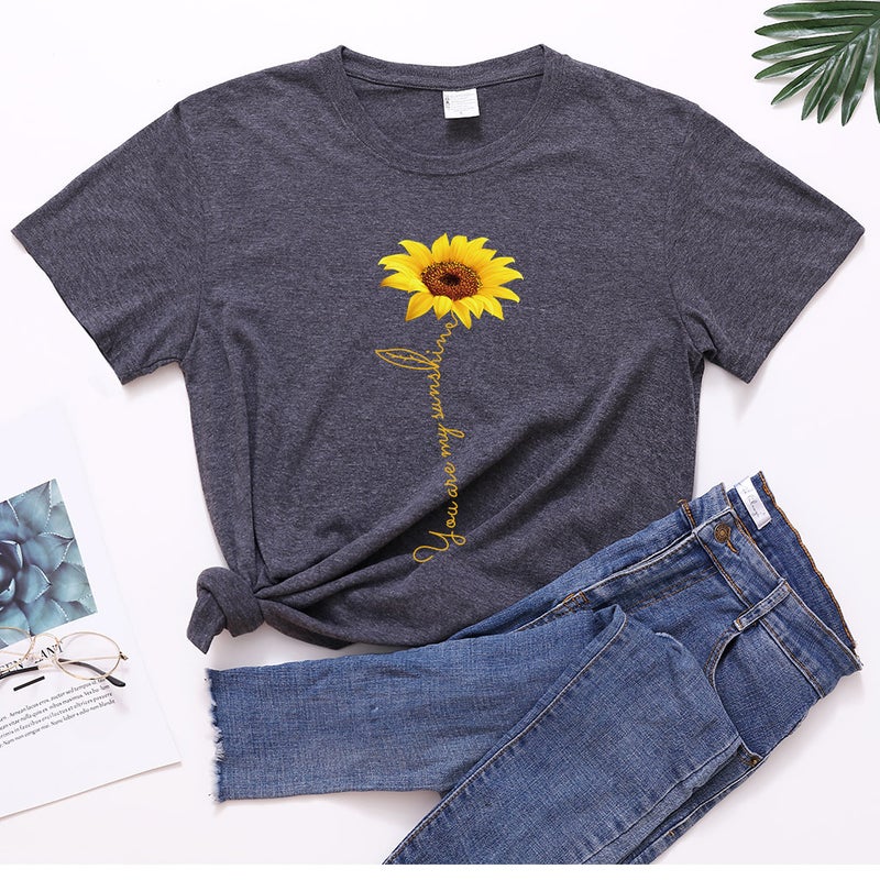 2020 Cross-border Sunflower Womens T-shirt Sunflower Short-sleeved Loose Casual Crewneck Womens Top T56 Dark gray
