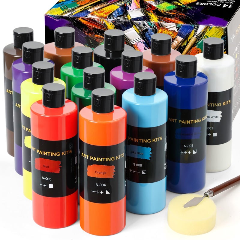 Color More 14 Colors Acrylic Paint Set 500 ml169 oz Large Bottles NonToxic for Kids Adults Acrylic Paint Bulk on Wood Glass Ceramic Art Painting Supplies with Palette e Art Sponge