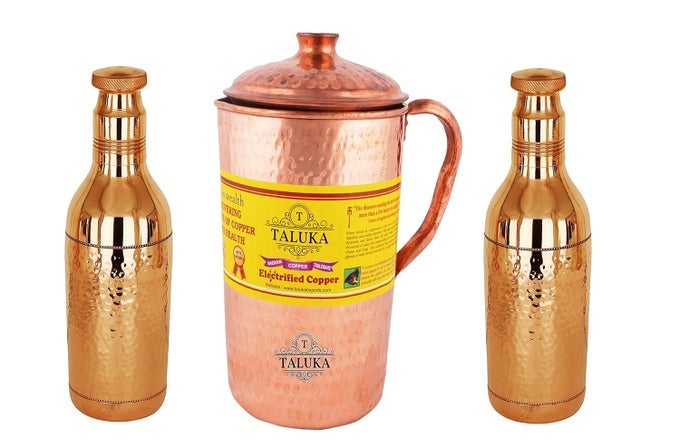 COPPER HAMMERED JUG 2000 ML WITH 2 WATER BOTTLE 1700 ML STORAGE WATER GOOD HEALTH BENEFIT YOGA AYURVEDA PACK OF 3