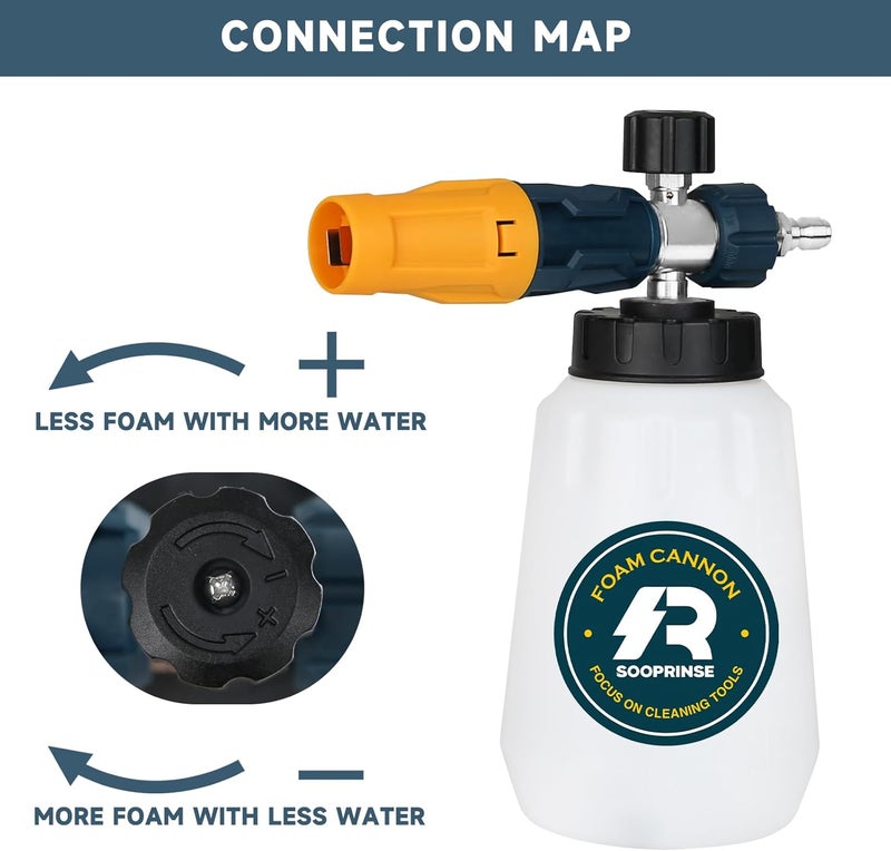Sooprinse Foam Cannon with 1/4 Inch Quick Connector, Heavy Duty Car Foam Blaster Wide Neck Adjustable Snow Foam Lance for Pressure Washer, 5 Pressure Washer Nozzle Tips, 1 Liter - Image 3