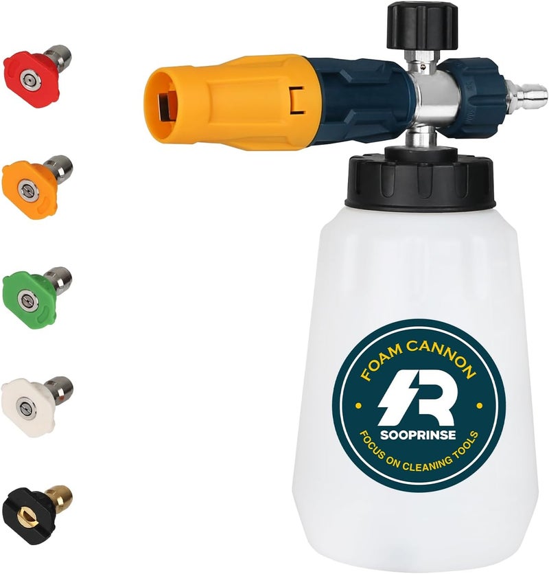 Sooprinse Foam Cannon with 1/4 Inch Quick Connector, Heavy Duty Car Foam Blaster Wide Neck Adjustable Snow Foam Lance for Pressure Washer, 5 Pressure Washer Nozzle Tips, 1 Liter - Image 1