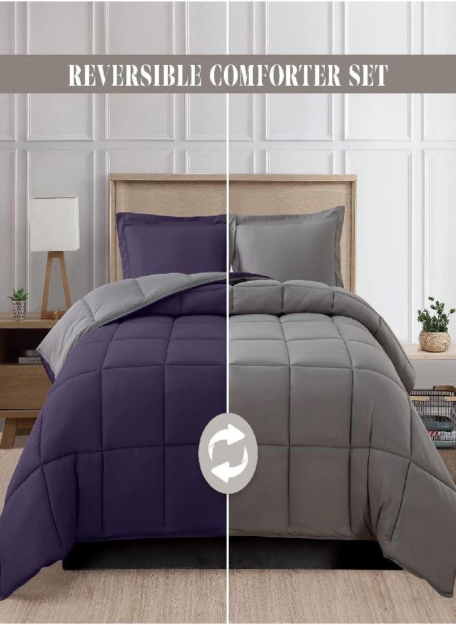 Elegant Comfort Elegant Comfort 3-Piece Reversible Comforter Set, All Season Cozy, Soft Down Alternative, Quilted - Box Stitched - Duvet Insert with 4 Corner Tabs, Comforter with Shams, King, Purple/Gray  - Image 2