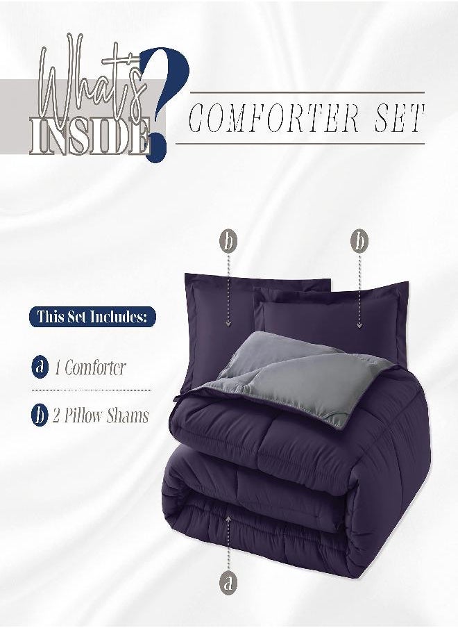 Elegant Comfort Elegant Comfort 3-Piece Reversible Comforter Set, All Season Cozy, Soft Down Alternative, Quilted - Box Stitched - Duvet Insert with 4 Corner Tabs, Comforter with Shams, King, Purple/Gray  - Image 4