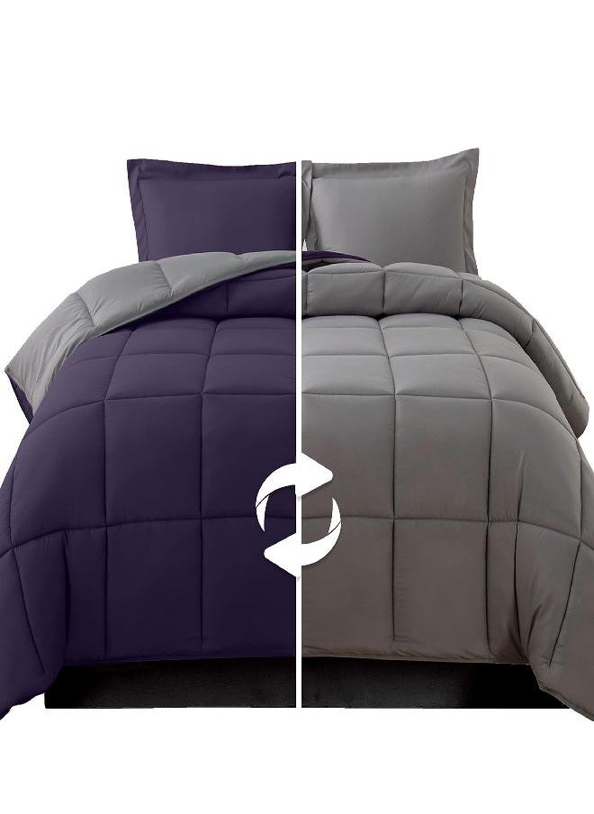 Elegant Comfort Elegant Comfort 3-Piece Reversible Comforter Set, All Season Cozy, Soft Down Alternative, Quilted - Box Stitched - Duvet Insert with 4 Corner Tabs, Comforter with Shams, King, Purple/Gray  - Image 5