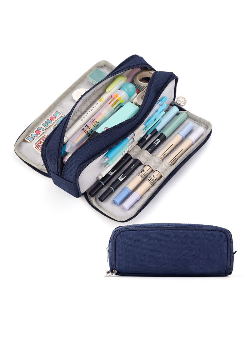 Large Capacity Pencil Case 3 Compartment Pouch Pen Bag for School Teen Girl Boy Men Women (Navy)