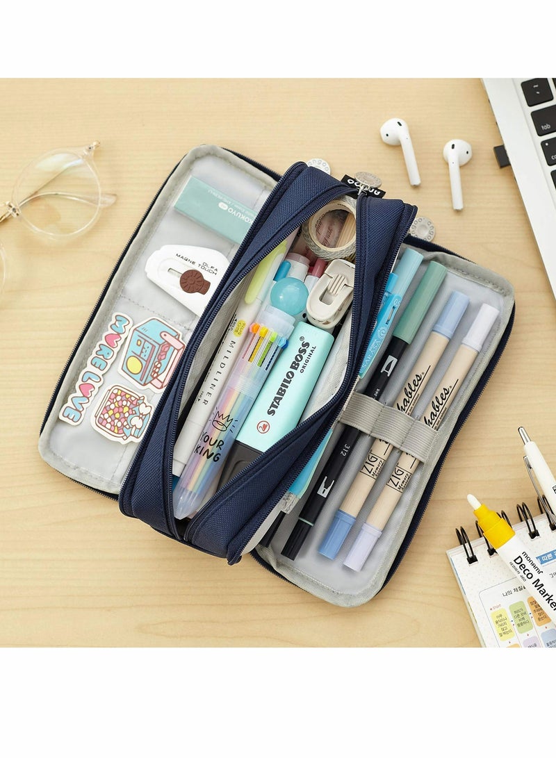 Large Capacity Pencil Case 3 Compartment Pouch Pen Bag for School Teen Girl Boy Men Women (Navy)