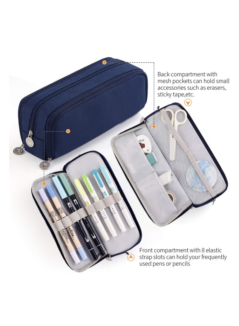 Large Capacity Pencil Case 3 Compartment Pouch Pen Bag for School Teen Girl Boy Men Women (Navy)