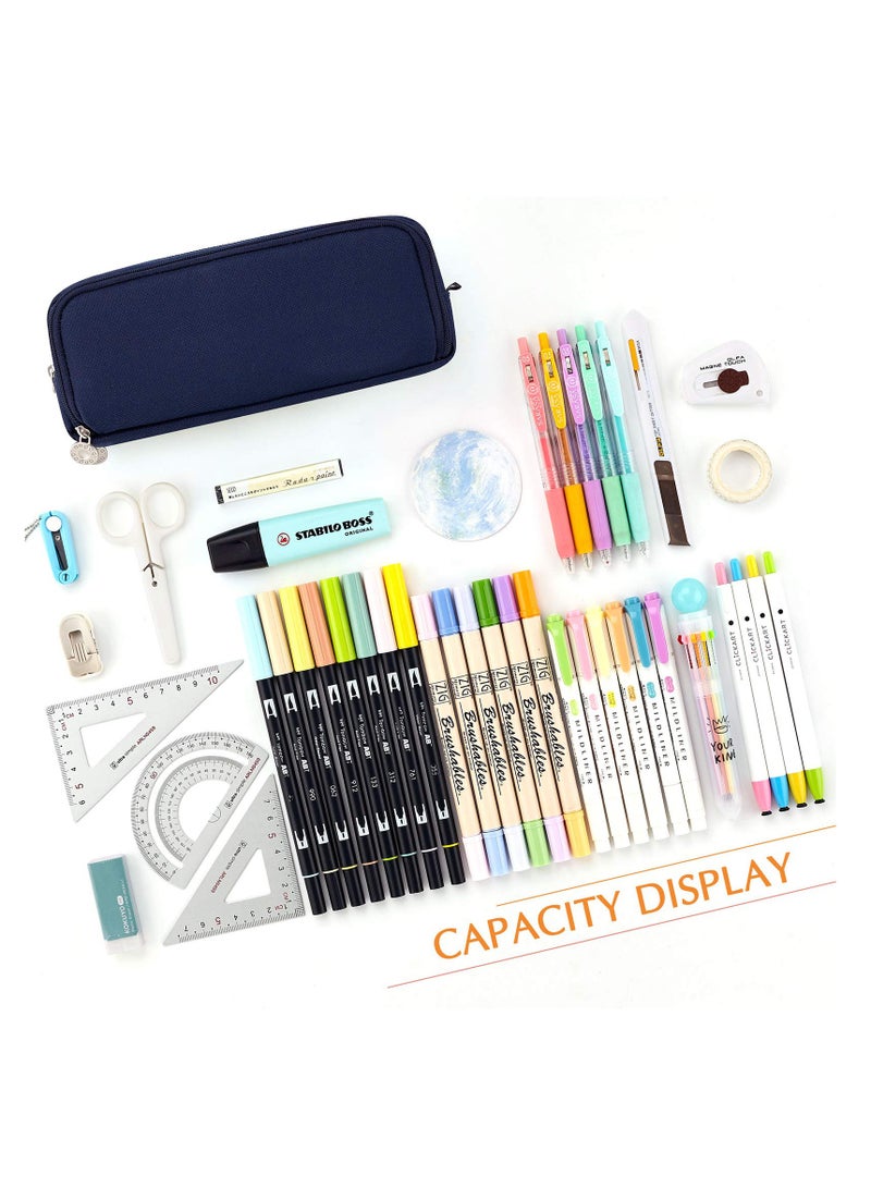 Large Capacity Pencil Case 3 Compartment Pouch Pen Bag for School Teen Girl Boy Men Women (Navy)