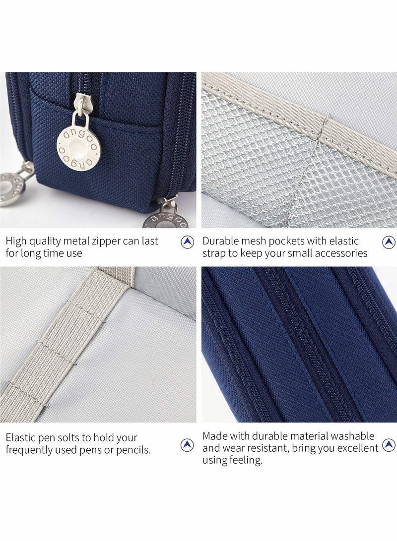 Large Capacity Pencil Case 3 Compartment Pouch Pen Bag for School Teen Girl Boy Men Women (Navy)