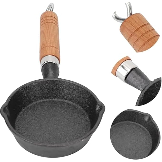 rayihni Cast Iron Skillet Tadka Pan 10 Cm Diameter Wooden Handle Non Stick Mini Omelette Pan Suitable For Gas Electric And Induction Cooktops For Household Restaurants Saute Fry Pan - Image 4