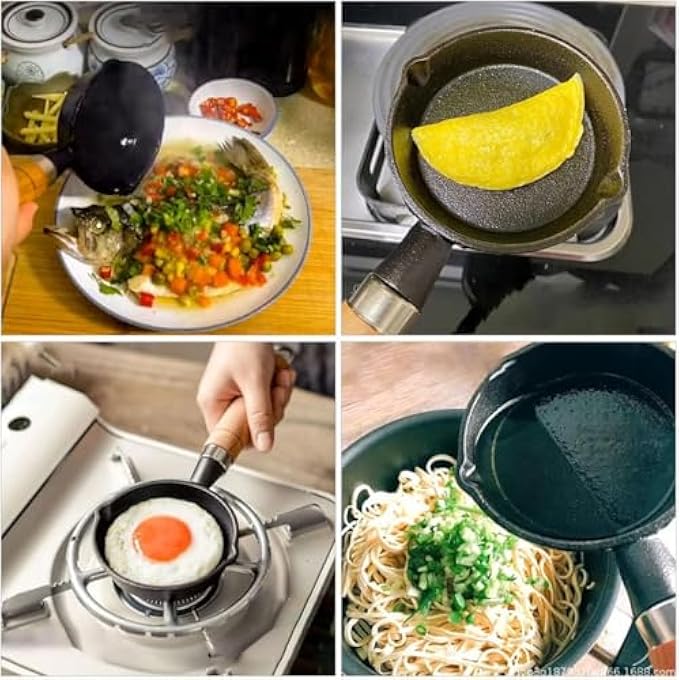 rayihni Cast Iron Skillet Tadka Pan 10 Cm Diameter Wooden Handle Non Stick Mini Omelette Pan Suitable For Gas Electric And Induction Cooktops For Household Restaurants Saute Fry Pan - Image 5