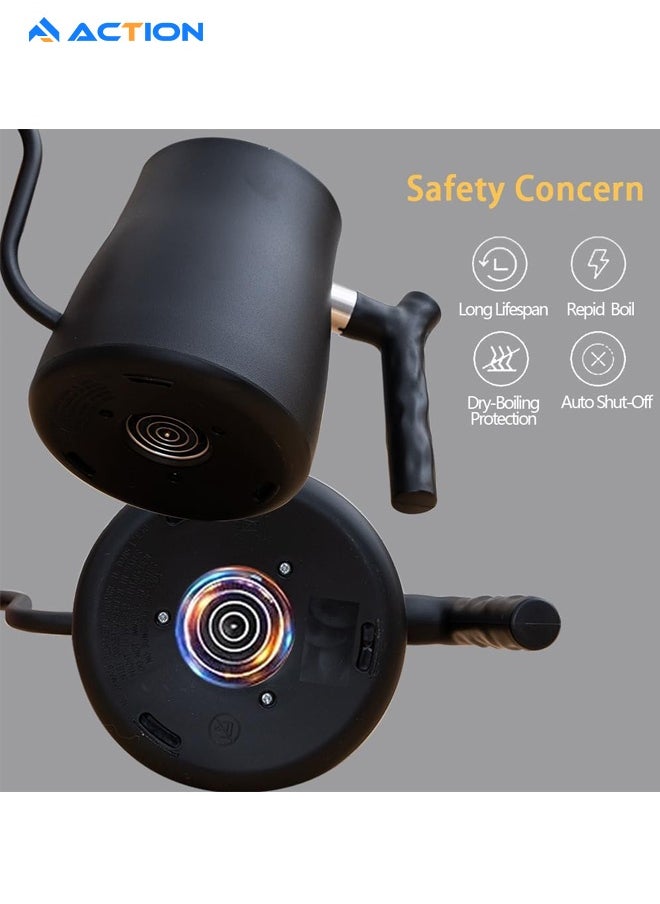 ACTION Electric Gooseneck Kettle, 304 Stainless Steel V60 Coffee Kettle, Automatic Temperature Control and Constant Temperature, 1000W Quick Heating, for Specialty Coffee and Tea, 1L, Black  - Image 4