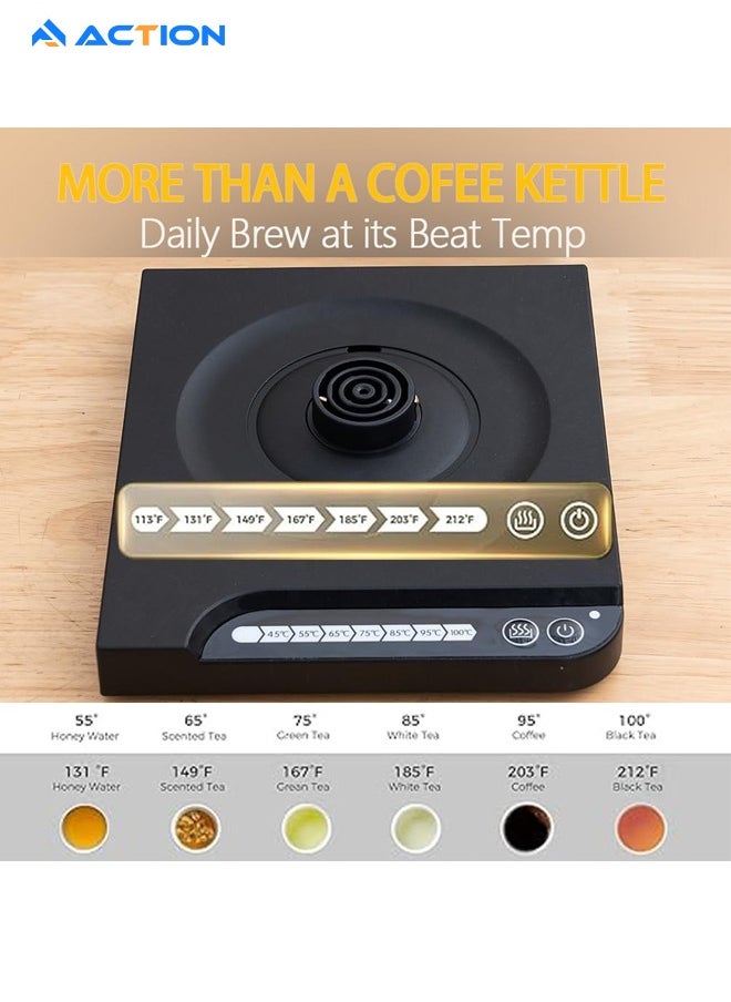 ACTION Electric Gooseneck Kettle, 304 Stainless Steel V60 Coffee Kettle, Automatic Temperature Control and Constant Temperature, 1000W Quick Heating, for Specialty Coffee and Tea, 1L, Black  - Image 2