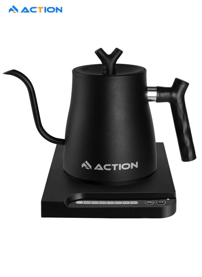 ACTION Electric Gooseneck Kettle, 304 Stainless Steel V60 Coffee Kettle, Automatic Temperature Control and Constant Temperature, 1000W Quick Heating, for Specialty Coffee and Tea, 1L, Black  - Image 1