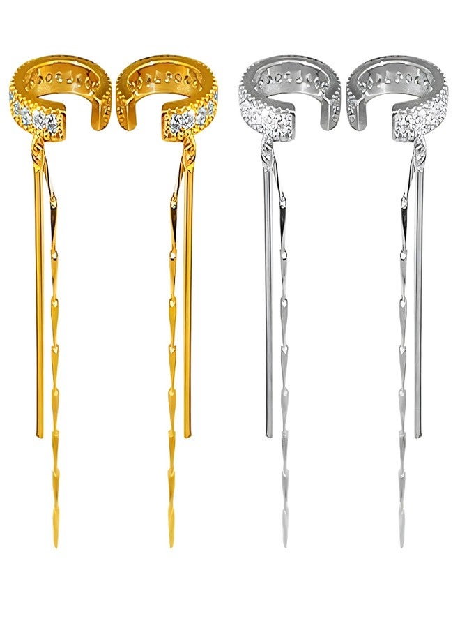 BCNJEPIN Non Piercing Earrings for Women, 2 Pairs Tassel EarCuffs for Women Fashion Without Piercing, Gold and Silver Alloy Pressing Earrings, Stylish Ear Chain for Parties and Shopping - Image 1