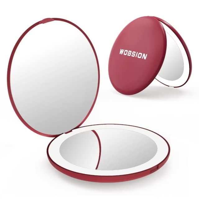 wobsion Travel Compact MirrorPortable 1x10x LED Makeup Mirror with MagnificationHandheld 2Sided Pocket Mirror 35in Small Mirror for PurseHandbagGiftWine Red