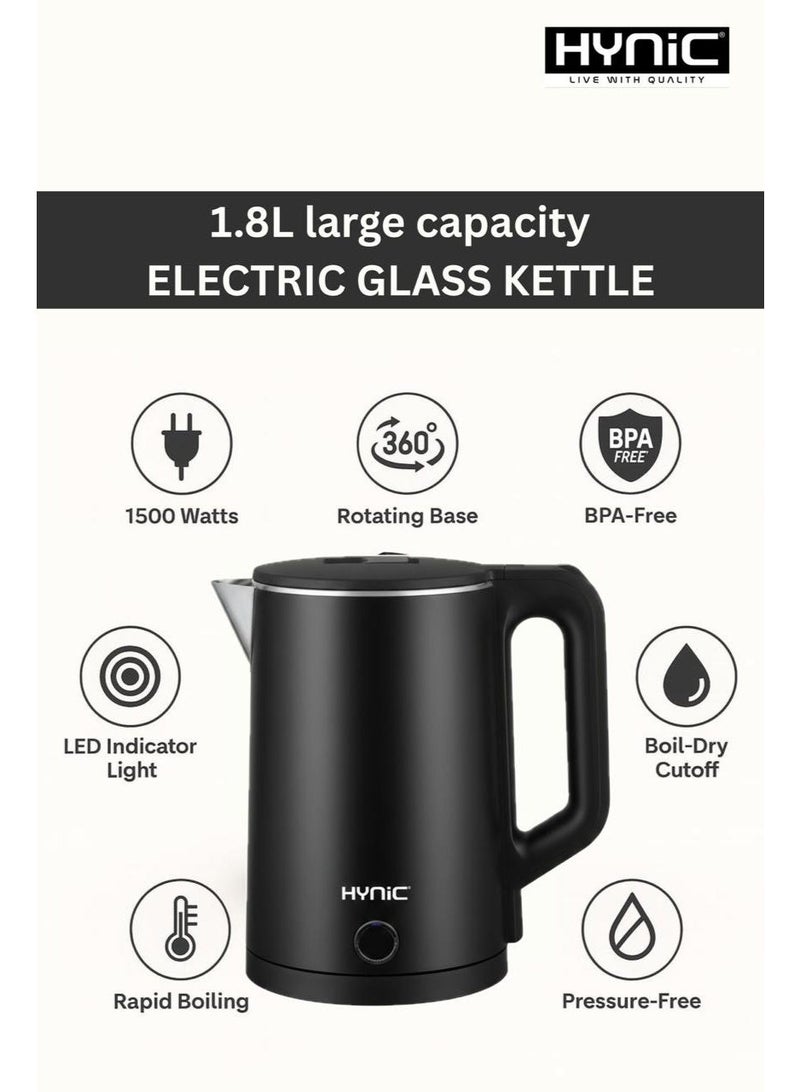 Hynic 1.8L Stainless Steel Double Wall Electric Kettle – 1500W Fast Boiling, Cool-Touch Exterior, & 100% Seamless 304 Food-Grade Stainless Steel Interior - Image 4