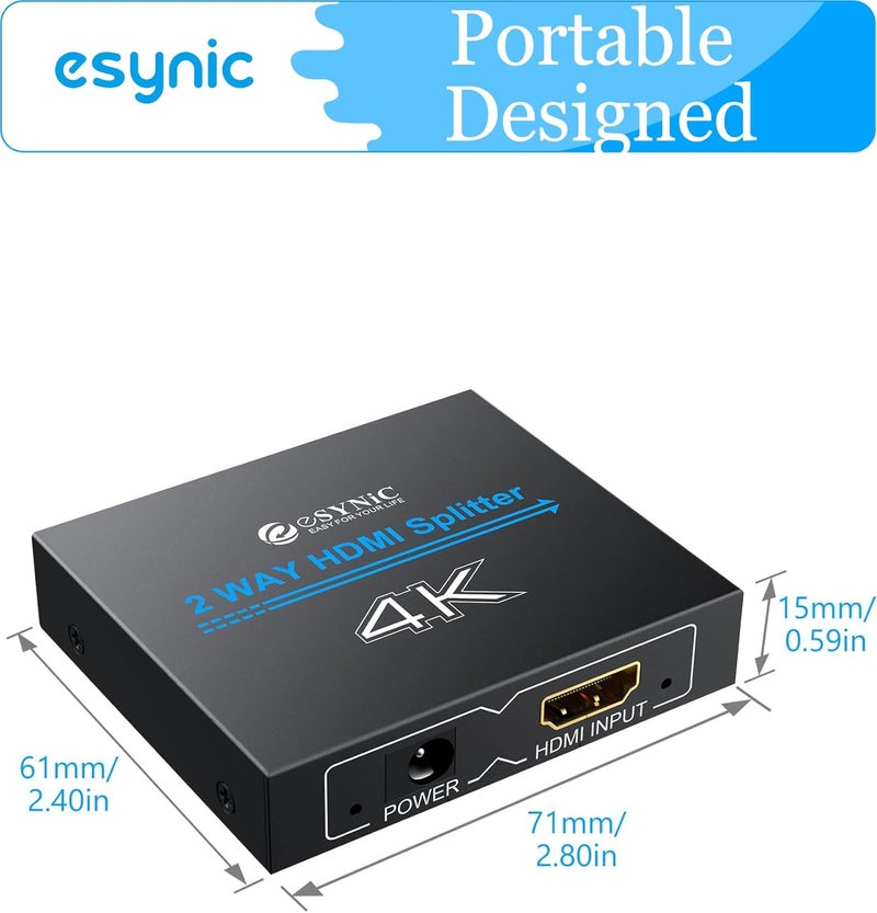 eSynic Portable 4K/30HZ HDMI Splitter Plug&Play 2 Way HDMI Splitter 1 in 2 Out [Only Mirror No Extend Mode] Support HDMI 1.4 Version With Metal Shell for HDTV PS4 Blu-ray Player Laptop Gaming Consoles - Image 3
