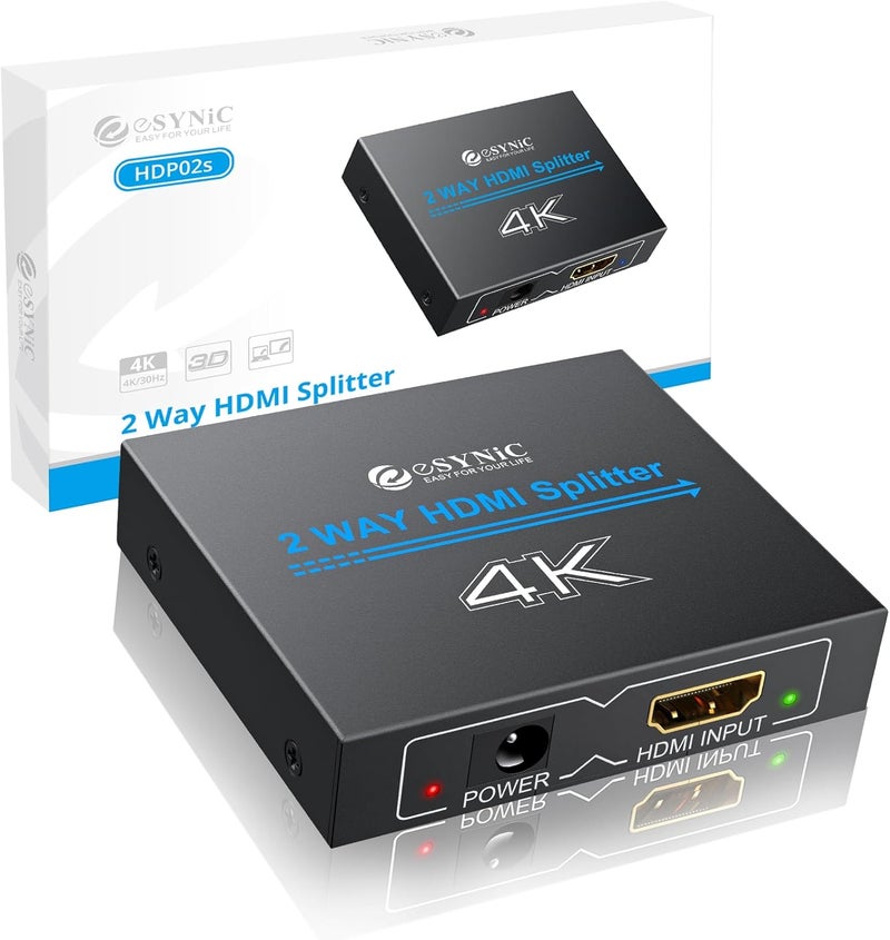 eSynic Portable 4K/30HZ HDMI Splitter Plug&Play 2 Way HDMI Splitter 1 in 2 Out [Only Mirror No Extend Mode] Support HDMI 1.4 Version With Metal Shell for HDTV PS4 Blu-ray Player Laptop Gaming Consoles - Image 1