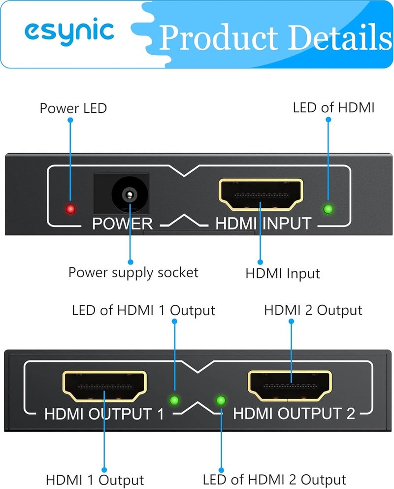 eSynic Portable 4K/30HZ HDMI Splitter Plug&Play 2 Way HDMI Splitter 1 in 2 Out [Only Mirror No Extend Mode] Support HDMI 1.4 Version With Metal Shell for HDTV PS4 Blu-ray Player Laptop Gaming Consoles - Image 2
