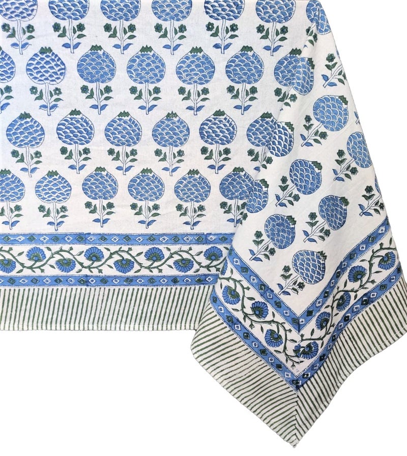 ATOSII Roma Blue 100 Cotton Boho Rectangle Fall Tablecloth Handblock Floral Print Table Cloth Linen for Kitchen Dining I Parties Outdoors Weddings Christmas Thanksgiving Decor 60 X 90 Inches