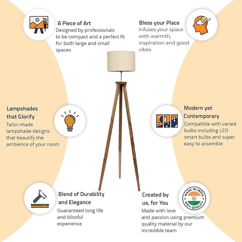 AMDHOME Drum OffWhite Cotton Wooden Tripod Floor lamp - Image 4