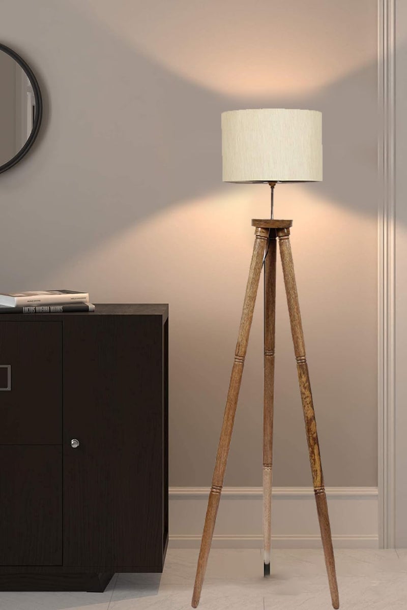 AMDHOME Drum OffWhite Cotton Wooden Tripod Floor lamp - Image 1