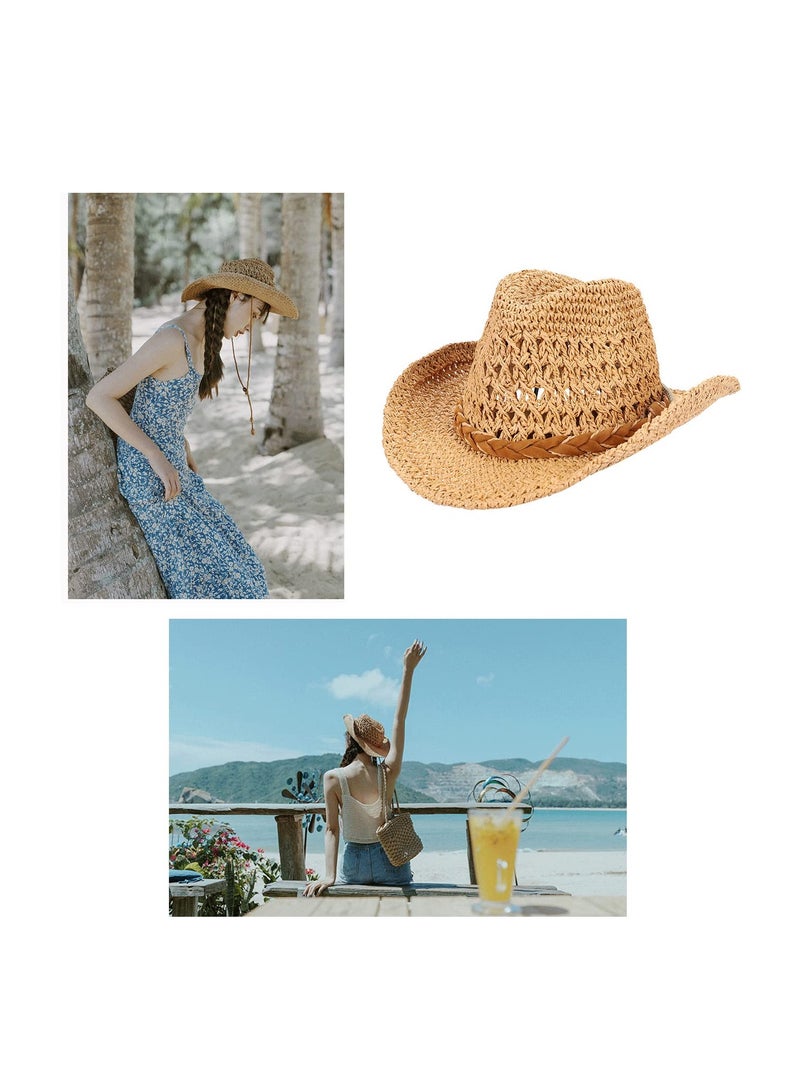 Excefore Straw Cowboy Hat Wide Brim Sun Hat Cowgirl Summer Panama Hat with Chin Strap Men Women Sombrero Travel Outdoor Family Hat, Stay Cool and Shaded in Style  - Image 3